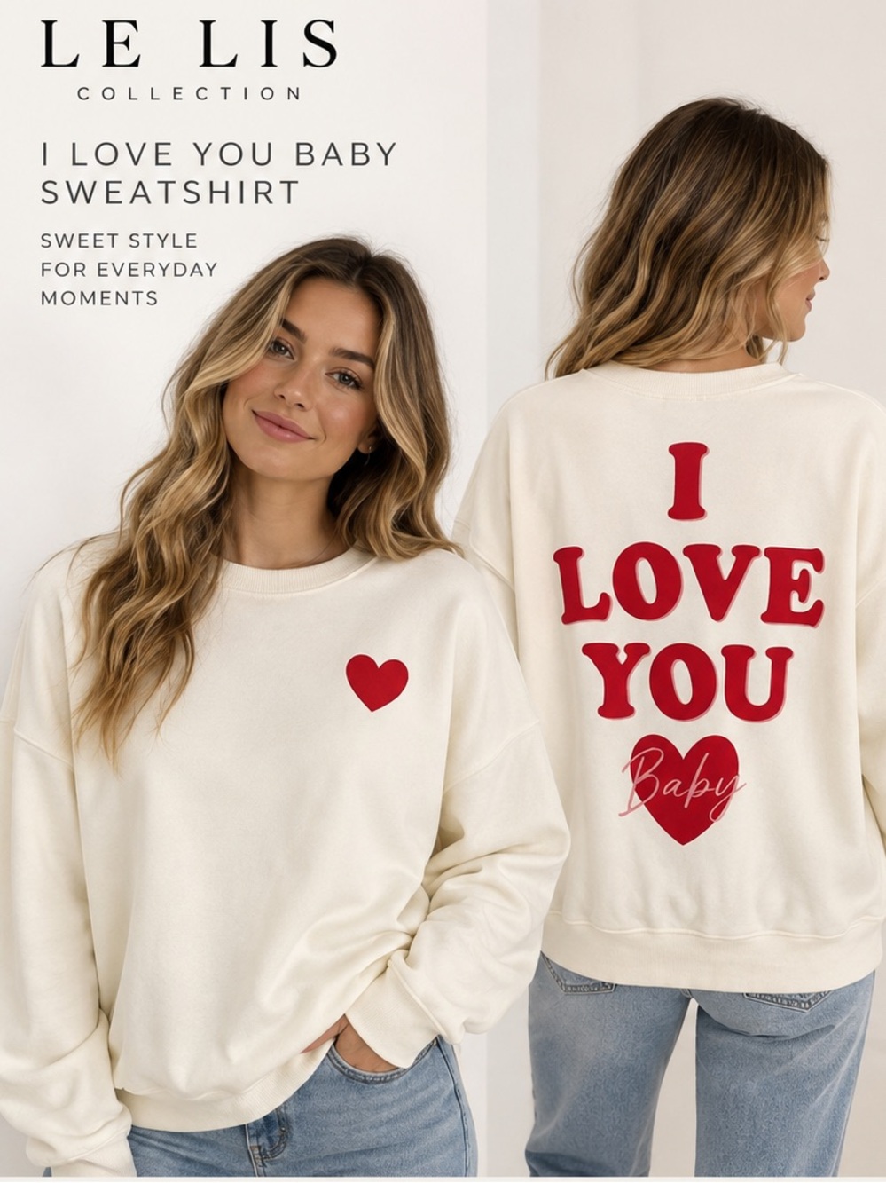 Le Lis I Love You Baby Heart Sweatshirt Ivory Red Size Large NWT